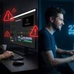 좌측은 프리미어 프로 2026 ai의 렉과 오류로 고통받는 편집자의 모습, 우측은 최적화 설정을 통해 2배 빨라진 속도로 쾌적하게 AI 편집을 하는 모습의 비교 이미지.