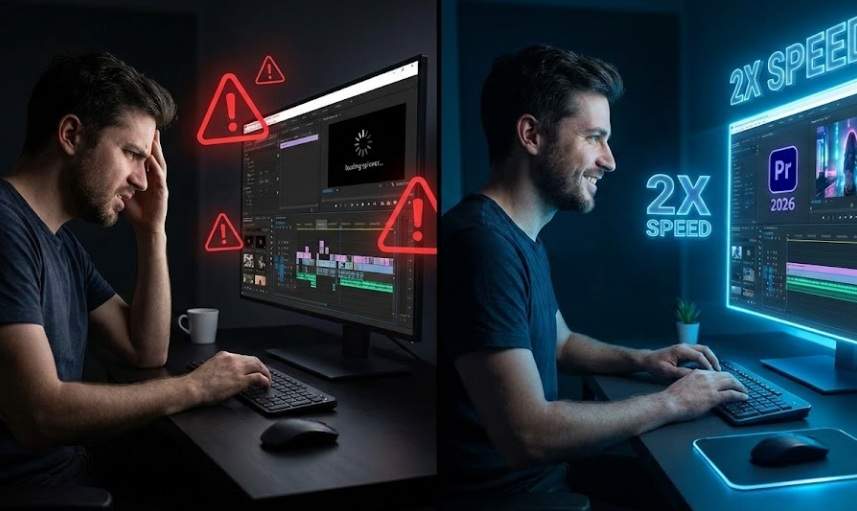 좌측은 프리미어 프로 2026 ai의 렉과 오류로 고통받는 편집자의 모습, 우측은 최적화 설정을 통해 2배 빨라진 속도로 쾌적하게 AI 편집을 하는 모습의 비교 이미지.