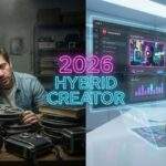 2026 어도비 파이어플라이: 왼쪽에는 필름통에 파묻혀 좌절한 영상 편집자가, 오른쪽에는 어도비 파이어플라이 홀로그램 인터페이스를 사용하며 웃고 있는 미래형 크리에이터가 대비되어 있다. 중앙에는 '2026 HYBRID CREATOR'라는 네온 사인이 빛나고 있다.