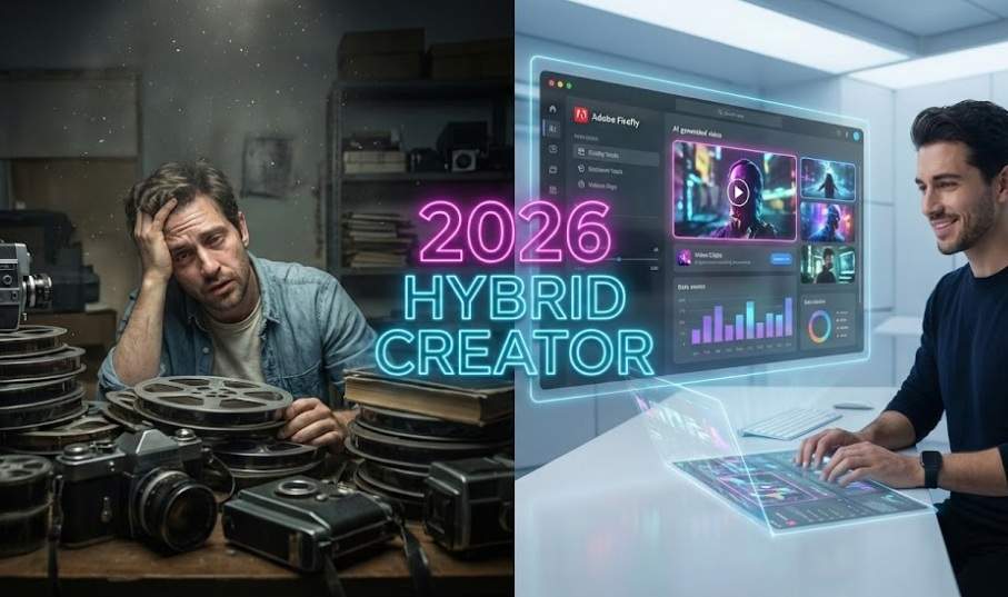 2026 어도비 파이어플라이: 왼쪽에는 필름통에 파묻혀 좌절한 영상 편집자가, 오른쪽에는 어도비 파이어플라이 홀로그램 인터페이스를 사용하며 웃고 있는 미래형 크리에이터가 대비되어 있다. 중앙에는 '2026 HYBRID CREATOR'라는 네온 사인이 빛나고 있다.