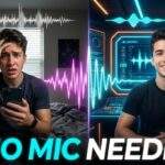 프리미어 프로 AI 오디오 가이드 썸네일. 왼쪽은 방구석에서 스마트폰으로 녹음하며 괴로워하는 남자, 오른쪽은 하이테크 스튜디오에서 자신감 넘치는 같은 남자. 중앙의 'NO MIC NEEDED' 문구와 함께 거친 파형이 부드러운 파형으로 변하는 모습.