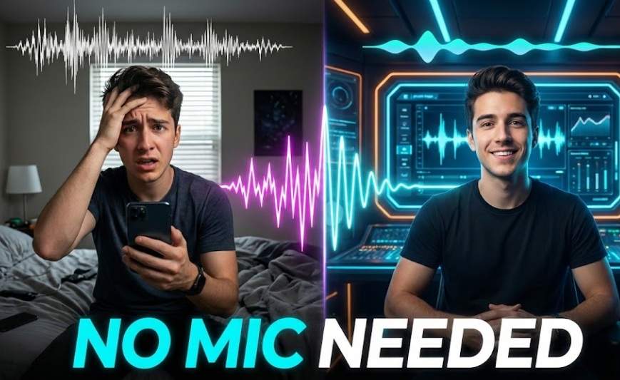 프리미어 프로 AI 오디오 가이드 썸네일. 왼쪽은 방구석에서 스마트폰으로 녹음하며 괴로워하는 남자, 오른쪽은 하이테크 스튜디오에서 자신감 넘치는 같은 남자. 중앙의 'NO MIC NEEDED' 문구와 함께 거친 파형이 부드러운 파형으로 변하는 모습.
