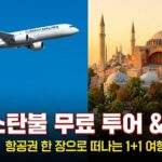 터키쉬 항공 비행기가 파란 하늘을 날고 있고, 이스탄불 아야 소피아와 블루 모스크 전경이 보이는 사진. 중앙에 'FREE TOUR & HOTEL' 문구가 있어 터키쉬 항공 이스탄불 경유 무료 혜택을 보여줌.