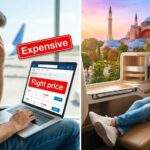 터키 항공 항공권 예약 대비 이미지. 왼쪽은 비싼 가격에 좌절하는 남자, 오른쪽은 시크릿 프로모션으로 이스탄불행 비즈니스석에서 웃고 있는 남자.