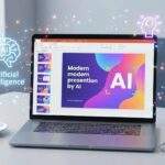 캔바 AI PPT 만들기 기능을 활용해 노트북으로 세련된 PPT 발표 자료를 만드는 미래적인 작업 환경