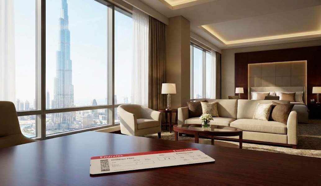 부르즈 칼리파가 보이는 두바이 5성급 호텔 스위트룸 창가 테이블에 놓인 에미레이츠 탑승권.