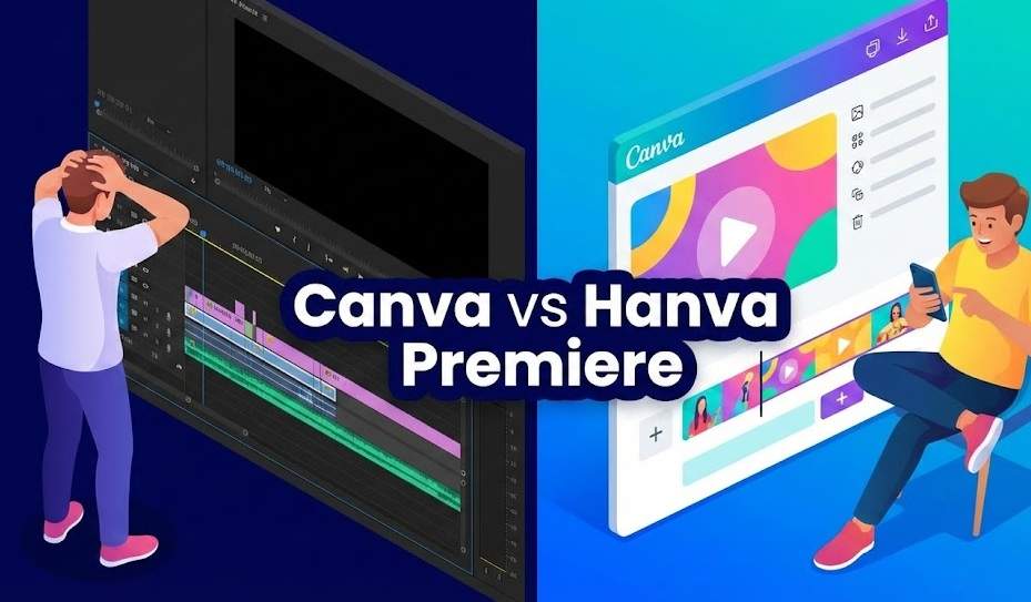 복잡한 프리미어 프로 편집 화면 앞에서 머리를 감싸 쥔 사람과 스마트폰으로 간편하게 캔바 동영상 만들기를 즐기는 사람을 비교하는 일러스트. 중앙에 'Canva vs Premiere' 문구가 있음