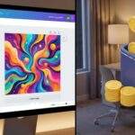 캔바 AI 디자인 파일 판매: 왼쪽에는 캔바(Canva) AI로 생성 중인 화려한 추상화가 모니터에 보이고, 오른쪽에는 디지털 지갑에 달러 지폐와 금화가 들어오는 모습이 대비된 분할 화면 이미지.