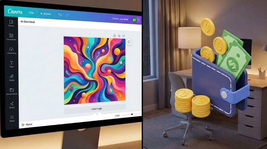 캔바 AI 디자인 파일 판매: 왼쪽에는 캔바(Canva) AI로 생성 중인 화려한 추상화가 모니터에 보이고, 오른쪽에는 디지털 지갑에 달러 지폐와 금화가 들어오는 모습이 대비된 분할 화면 이미지.