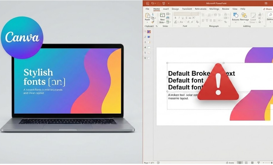 캔바(Canva) 디자인을 파워포인트(PPT)로 변환했을 때 글꼴이 깨지고 레이아웃이 망가진 화면과 정상 화면 비교