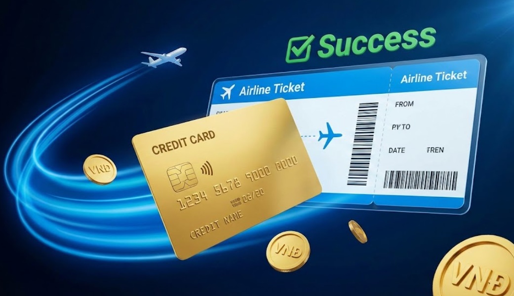 비엣젯항공 항공권 옆으로 성공 표시(Success)와 베트남 동(VND) 코인이 날아가는 황금 신용카드 3D 일러스트