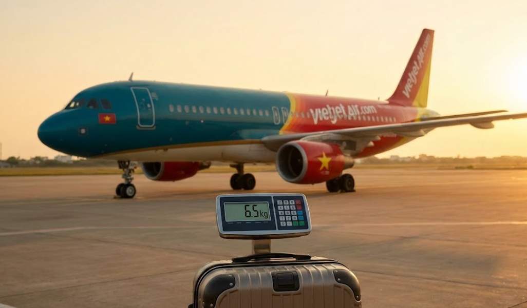 해 질 녘 공항 활주로에 주기된 비엣젯항공 비행기 앞, 기내용 캐리어가 올려진 디지털 저울에 안전 무게인 6.5kg이 표시된 모습.