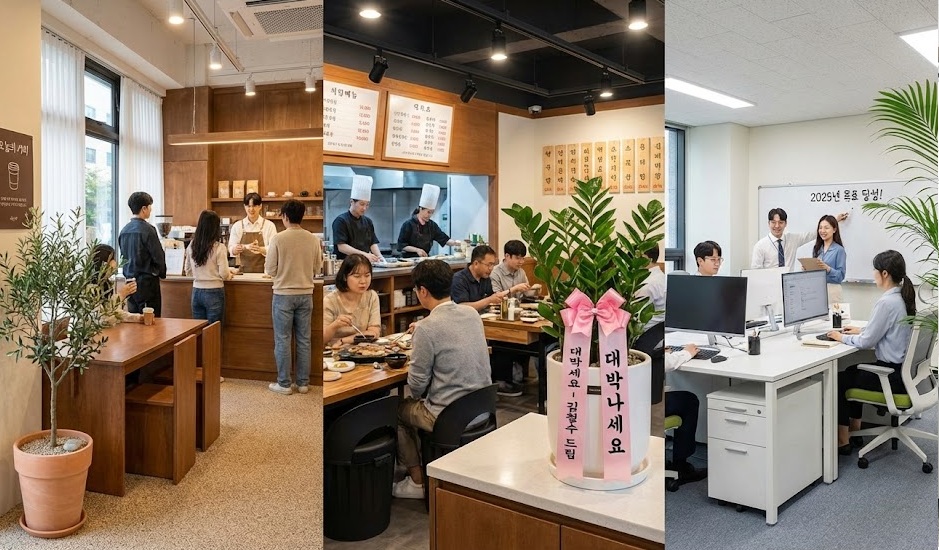 한국의 감성 카페, 북적이는 식당, 활기찬 사무실 등 세 곳의 상업 공간에 각각 알맞게 배치된 개업 축하 화분(올리브나무, 금전수, 아레카야자) 비교 이미지.
