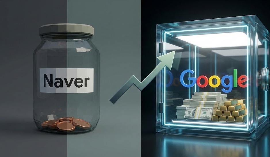네이버 애드포스트의 적은 동전 수익과 구글 애드센스의 많은 달러 및 금괴 수익을 대비시켜 보여주는 분할 화면 이미지. 상승하는 화살표가 구글 쪽을 가리키고 있다.