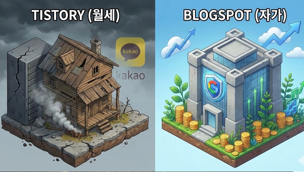 티스토리(월세)의 불안정성과 블로그 스팟(자가)의 안정성을 대비하여 보여주는 일러스트. 흔들리는 판잣집과 구글 로고가 있는 견고한 황금 요새 비교.