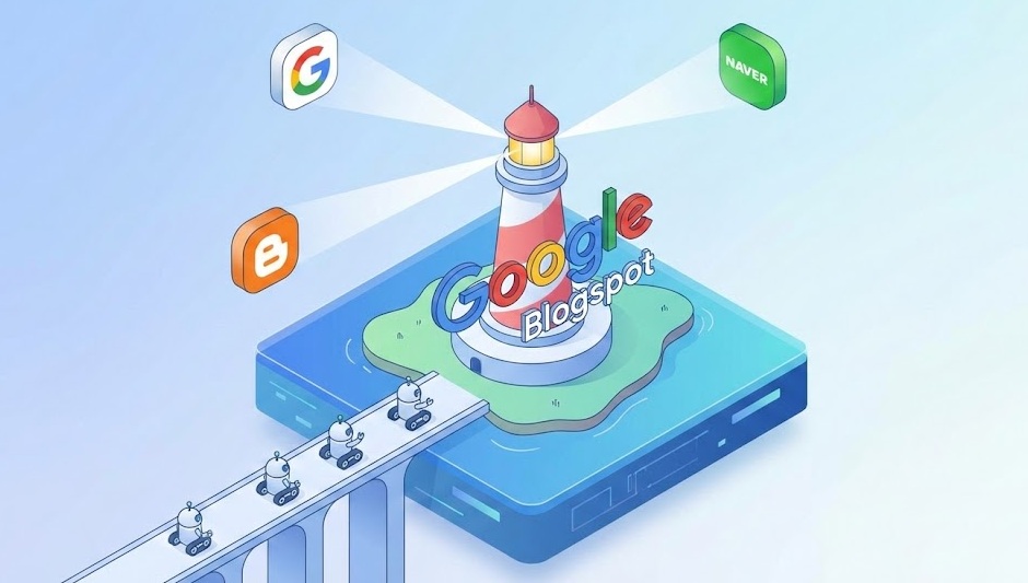 구글 블로그스팟 검색 노출: 로고가 새겨진 등대 섬으로 구글, 네이버, 블로거 아이콘에서 빛이 비추고, 작은 로봇들이 다리를 건너 등대로 향하는 3D 일러스트.