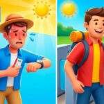 KLOOK 클룩 현장구매 가격비교: 테마파크 티켓 구매를 위해 뜨거운 태양 아래 긴 줄을 서서 땀 흘리며 시계를 보는 스트레스 받은 관광객과 스마트폰 QR 코드로 디지털 게이트를 통해 빠르게 입장하며 웃는 행복한 여행자의 모습을 대비시킨 3D 일러스트레이션 썸네일.