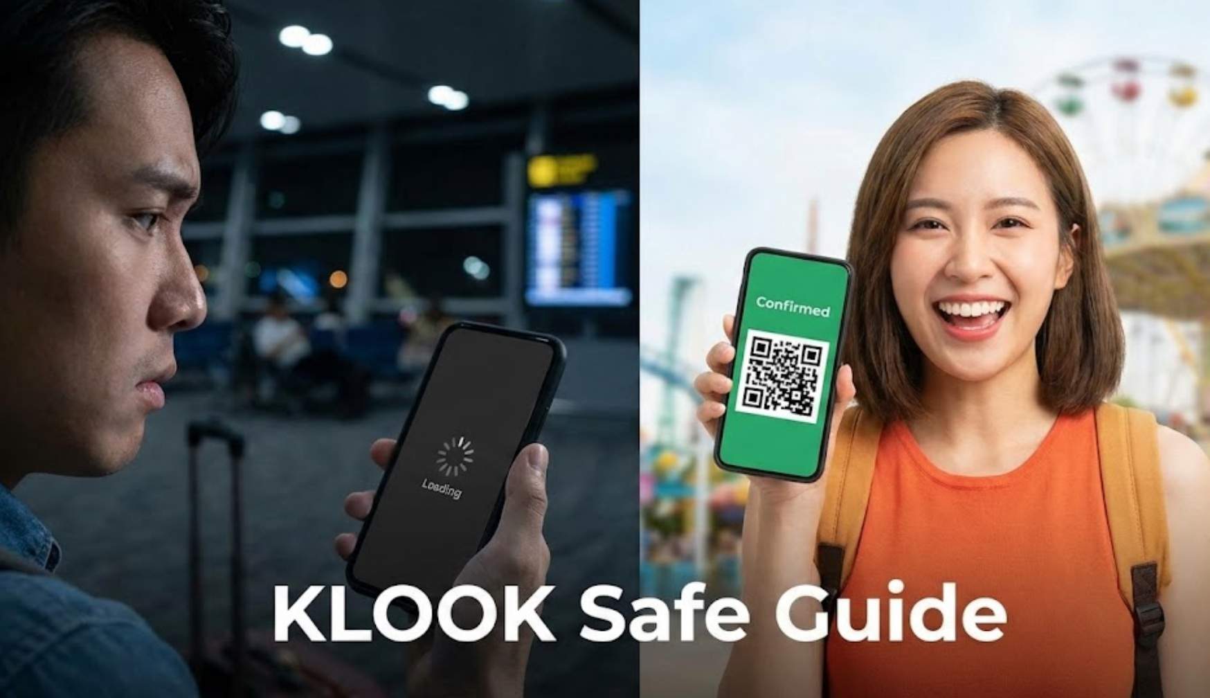 클룩 Klook 사기: 공항에서 클룩 앱 로딩 화면을 보며 불안해하는 남성과 놀이공원에서 예약 확정 QR코드를 보여주며 웃는 여성의 분할 이미지. 중앙 하단에 'KLOOK Safe Guide' 텍스트가 있다.