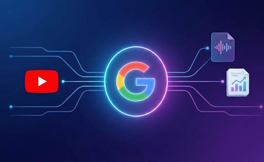 구글 제미나이 gemini 3 멀티모달 기능이 유튜브 비디오, 오디오 파일, 문서 데이터를 통합하여 처리하는 과정을 보여주는 미래지향적인 일러스트레이션