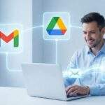 제미나이 AI가 지메일, 구글 드라이브, 구글 문서를 홀로그램으로 연결하여 스마트하게 일하는 전문가의 모습을 담은 미래지향적인 사무실 사진.