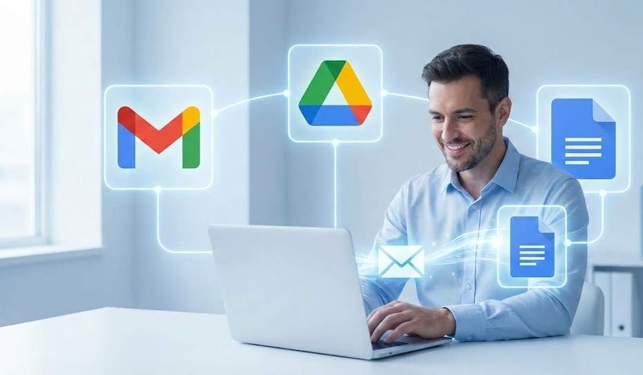 제미나이 AI가 지메일, 구글 드라이브, 구글 문서를 홀로그램으로 연결하여 스마트하게 일하는 전문가의 모습을 담은 미래지향적인 사무실 사진.