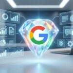 구글 G 로고 색상의 빛나는 보석을 중심으로 비즈니스 차트와 문서 홀로그램이 떠있는 미래지향적인 사무실 책상 3D 일러스트 썸네일.