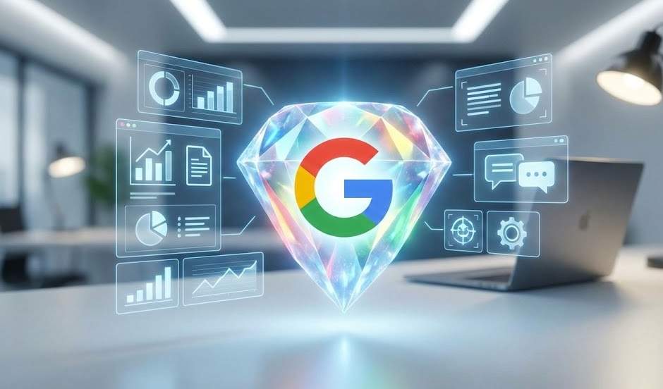 구글 G 로고 색상의 빛나는 보석을 중심으로 비즈니스 차트와 문서 홀로그램이 떠있는 미래지향적인 사무실 책상 3D 일러스트 썸네일.