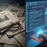 구글 SGE, 화면 왼쪽에 쌓인 낡은 신문 뭉치로 표현된 전통적인 검색 결과와 오른쪽에 홀로그램 인터페이스로 나타난 AI 요약 답변을 대비시켜 보여주는 미래적인 일러스트. 한 블로거가 빛나는 키보드로 데이터를 입력하며 이 둘을 연결하고 있습니다.