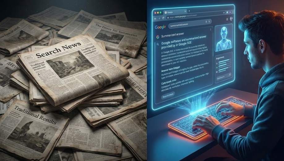 구글 SGE, 화면 왼쪽에 쌓인 낡은 신문 뭉치로 표현된 전통적인 검색 결과와 오른쪽에 홀로그램 인터페이스로 나타난 AI 요약 답변을 대비시켜 보여주는 미래적인 일러스트. 한 블로거가 빛나는 키보드로 데이터를 입력하며 이 둘을 연결하고 있습니다.