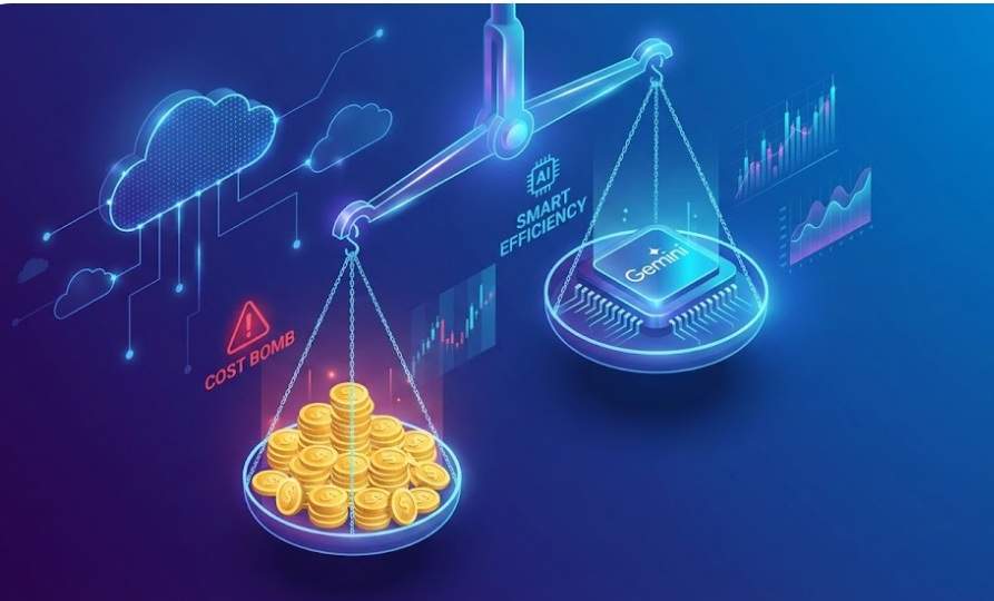 구글 Vertex AI 요금 효율성을 보여주는 미래형 저울 일러스트. 한쪽에는 무거운 비용 폭탄이, 다른 쪽에는 스마트한 제미나이 AI 칩이 균형을 잡고 있다.