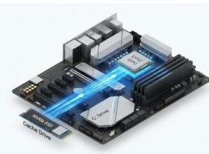 컴퓨터 메인보드 상에서 C드라이브가 아닌 별도의 NVMe SSD(캐시 드라이브)에서 CPU/GPU로 데이터가 병목 없이 직접 전송되는 모습을 보여주는 아이소메트릭 다이어그램.