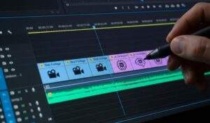 어도비 프리미어 프로 편집 화면의 타임라인을 클로즈업한 모습. 파란색의 'Real Footage' 클립과 분홍색의 'AI Generated' 클립이 교차 배치되어 있고, 편집자가 디지털 펜으로 이 두 가지를 연결하는 작업을 하고 있다.