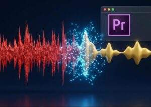 프리미어 프로 2026 AI 음성 향상 기능의 작동 원리 시각화. 왼쪽의 거칠고 붉은 노이즈 파형이 파란색 AI 입자에 의해 오른쪽의 매끄럽고 금색인 고품질 파형으로 변환되는 모습. 상단에 프리미어 프로 아이콘 배치.