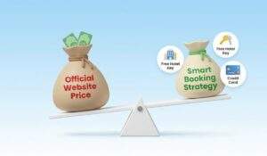 터키 항공 프로모션: 공식 홈페이지 가격과 스마트 발권 전략의 가치 비교 저울. 공식 가격의 금전적 무게와 스마트 전략의 추가 혜택(무료 호텔 키, 카드 할인)이 균형을 이루는 3D 인포그래픽.