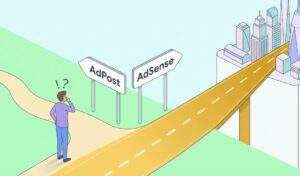 구글 애드포스트 포스팅 글 중: 'AdPost'라고 적힌 좁은 길과 'AdSense'라고 적힌 넓은 고속도로 표지판 앞에서 고민하는 사람의 일러스트. 애드센스 길은 미래 도시로 연결되어 있다.