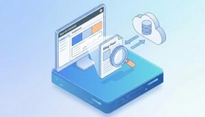 구글 서치 콘솔 대시보드가 표시된 모니터와 돋보기로 블로그 포스트를 검사하여 클라우드 데이터베이스로 전송하는 과정을 보여주는 아이소메트릭 인포그래픽.