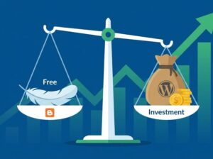 블로그스팟의 무료 장점과 워드프레스의 투자 비용을 비교하는 저울 일러스트