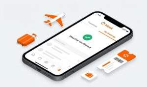 스마트폰 화면에 클룩 앱의 'My Bookings' 탭이 열려 있고, 녹색 체크 표시와 함께 'Voucher Confirmed'라는 문구가 표시된 3D 일러스트. 주변에는 비행기, 여행 가방, 티켓 아이콘이 떠 있다.