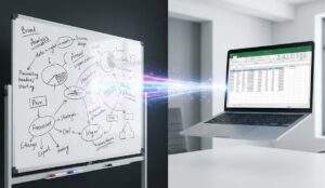 화이트보드에 적힌 복잡한 손글씨와 도표가 AI 기술을 통해 노트북 화면의 깔끔한 엑셀 스프레드시트로 자동 변환되는 모습