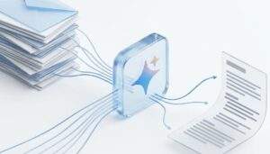 제미나이 로고가 중심이 되어 이메일 스택의 데이터를 문서로 자동 정리하여 내보내는 과정을 보여주는 3D 아이소메트릭 그래픽.