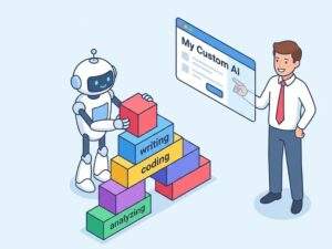 구글 젬스 Gems 글 이미지: 로봇이 'writing', 'coding', 'analyzing'이라고 적힌 컬러 블록을 쌓고 있고, 옆에서 사람이 'My Custom AI' 화면을 가리키며 웃고 있는 아이소메트릭 벡터 일러스트.