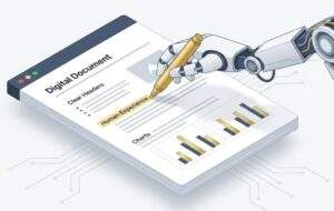 로봇 팔이 'Human Experience'라는 문구를 금색 마커로 강조하고 있는 디지털 문서를 보여주는 3D 아이소메트릭 일러스트. 문서는 제목, 글머리 기호, 차트 등으로 완벽하게 구조화되어 있습니다.