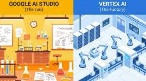 왼쪽은 창의적인 실험실(AI Studio), 오른쪽은 자동화된 생산 공장(Vertex AI)으로 묘사하여 두 플랫폼의 차이를 비교하는 분할 화면 일러스트.