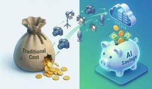2026 어도비 파이어플라이: 왼쪽의 'Traditional Cost'라고 적힌 찢어진 돈가방에서 동전이 새어 나오고, 그 돈이 카메라와 조명 장비로 흘러간다. 오른쪽의 'AI Savings'라고 적힌 빛나는 돼지저금통에는 클라우드 서버로부터 돈이 쏟아져 들어와 가득 차 있다.