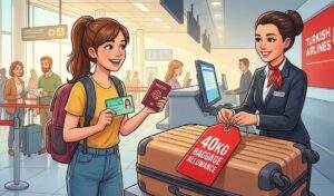 터키 항공 학생 할인 혜택 일러스트. 국제학생증을 제시한 여학생의 수하물에 항공사 직원이 '40KG 수하물 허용' 대형 태그를 달아주고 있다.