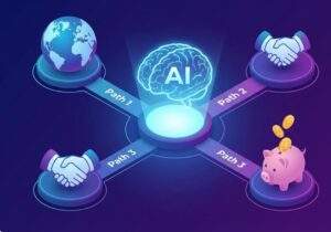 AI 뇌 아이콘에서 시작하여 글로벌 시장(지구본), 서비스 마켓(악수), 로열티 수익(저금통)을 상징하는 세 가지 경로로 나뉘는 파란색과 보라색 그라데이션의 아이소메트릭 인포그래픽.