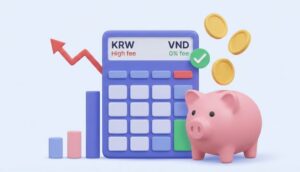 계산기에 원화(KRW) 높은 수수료와 베트남 동(VND) 0% 수수료가 표시되고, 옆 돼지저금통에 동전이 쌓이는 인포그래픽