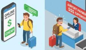 비엣젯항공 수하물 규정: 스마트폰으로 저렴하게 수하물을 사전 구매하며 여유로운 왼쪽의 여행객과, 공항 카운터에서 비싼 추가 요금을 내며 당황하는 오른쪽의 여행객을 비교한 3D 일러스트.
