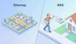 왼쪽에는 사이트맵을 나타내는 도시 지도 일러스트가 있고, 오른쪽에는 RSS를 나타내는 신문 배달부가 집에 신문을 던지는 모습이 분할된 화면에 그려져 있음.