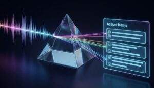 추상적인 오디오 파형이 프리즘을 통과하여 구조화된 'Action Items' 텍스트 체크리스트로 변환되는 과정을 보여주는 사이버펑크 스타일의 이미지